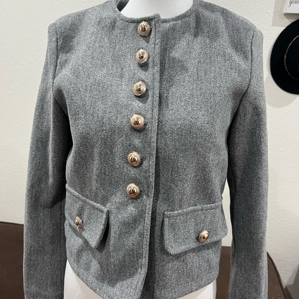 Gray Wool-Blend Blazer with Mandarin Collar